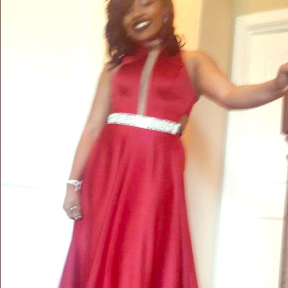 Crimson satin gown sheer mesh belt w/ rhinestones